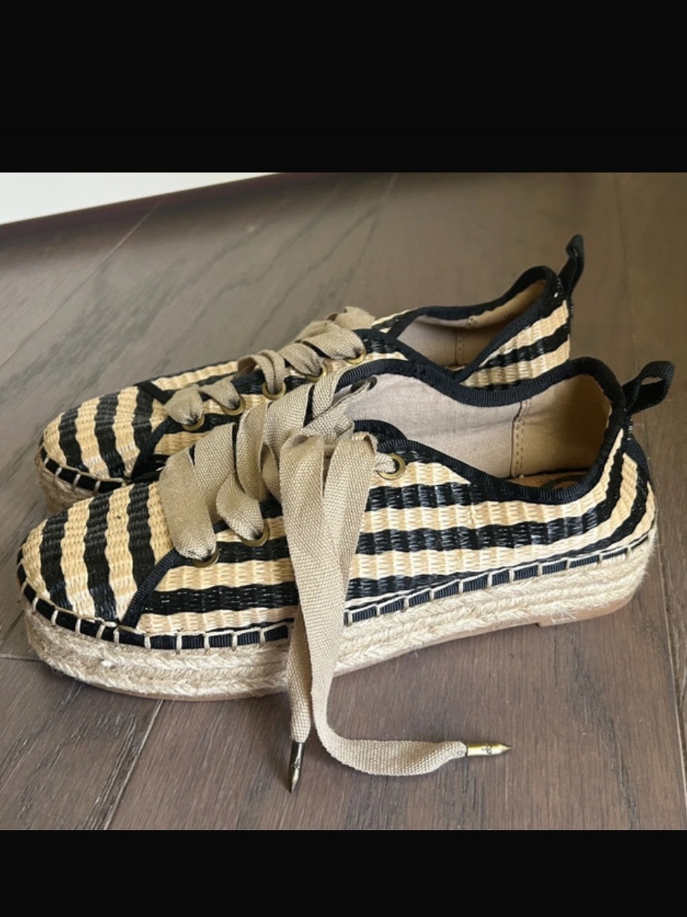 Sam Edelman Black and Natural Striped Espadrille Sneakers